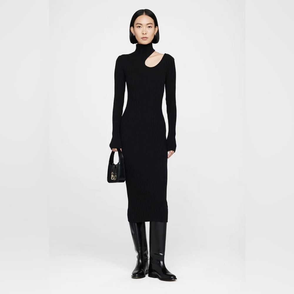 Anine Bing Black Long Sleeve Cut-Out Mid Dress